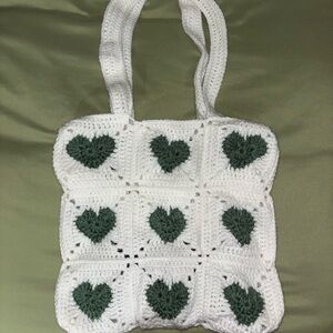 Handmade Crochet Heart Tote Bag - White and Green